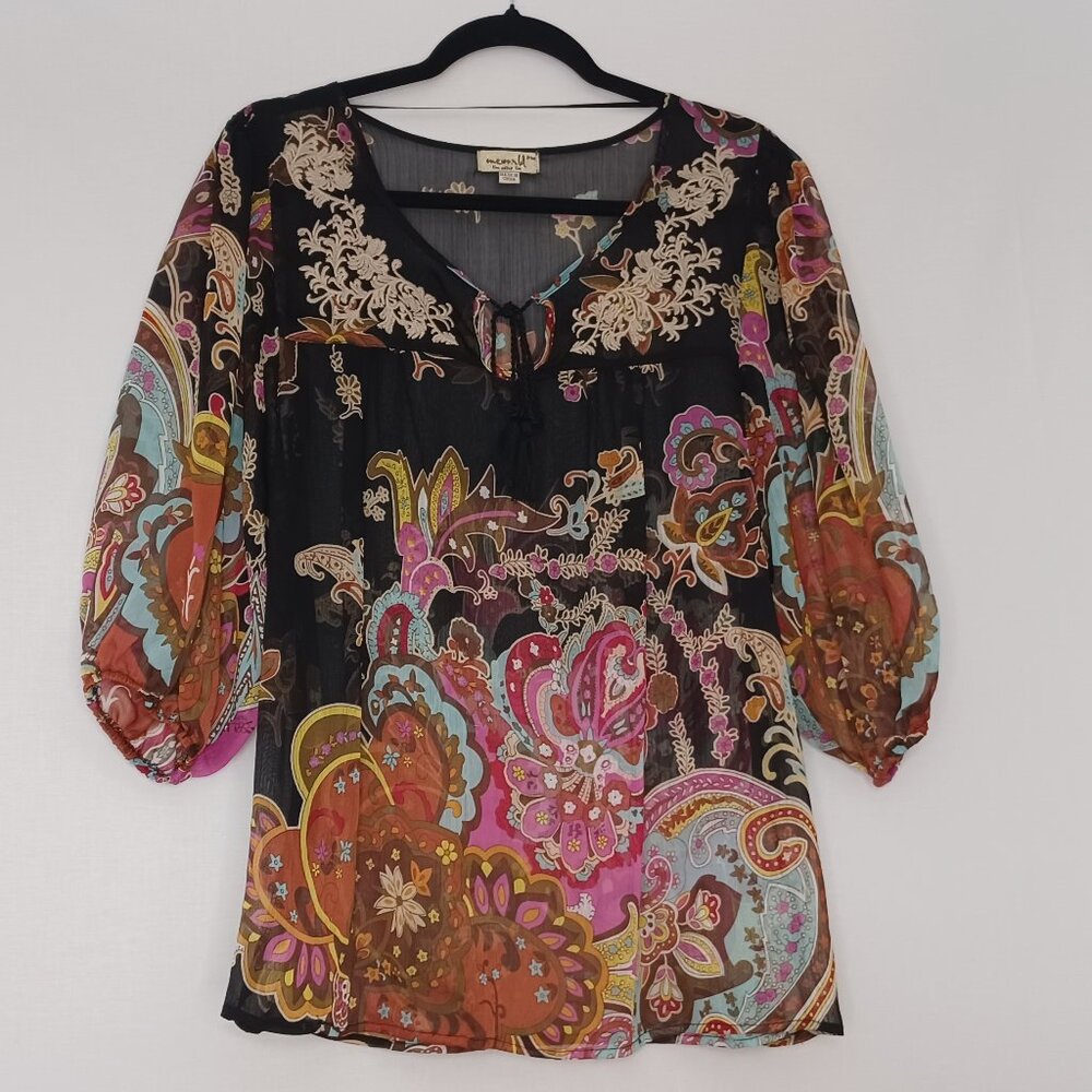 Women's One World Sheer w/ Embroidery Hippie Psychedelic Flower Power Boho Top‎